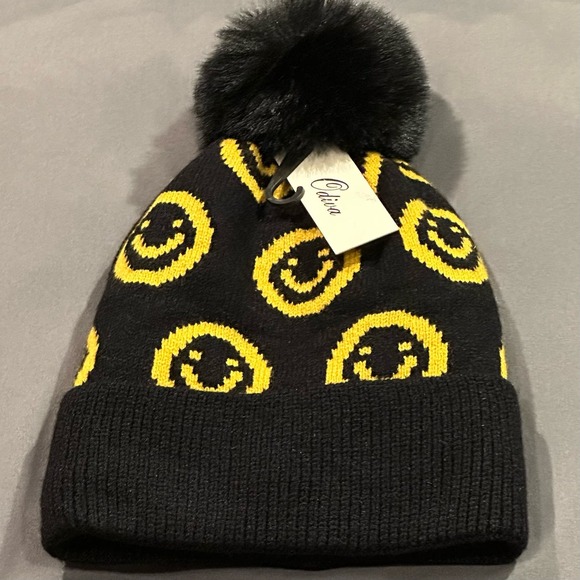 Cozy Glam Ivory Or Black Smiley Face Beanie w/Pom Pom NWT main image 10